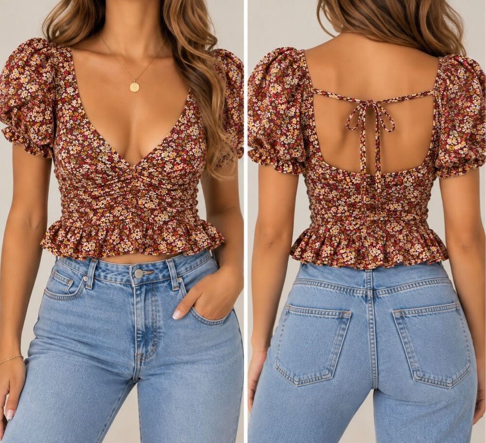 Sim & Sam Size S Floral Puff Sleeve Ruffle Crop Top Cottagecore Boho